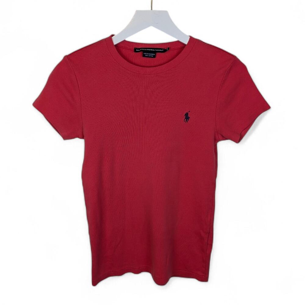 RALPH LAUREN SPORT Hot Coral Pink Stretch Tiny Tee T-shirt 100% Cotton - Medium